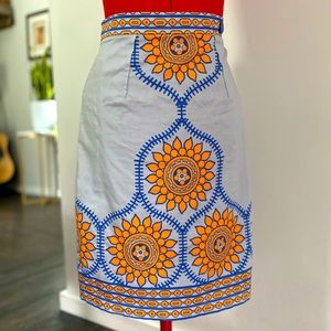 Grey, royal blue, and orange design pencil skirt from Anthropologie